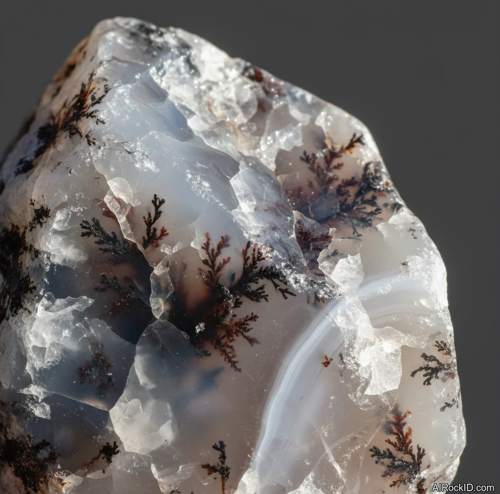 Close-up of dendritic agate cabochon with black fern-like dendrites inside milky white chalcedony