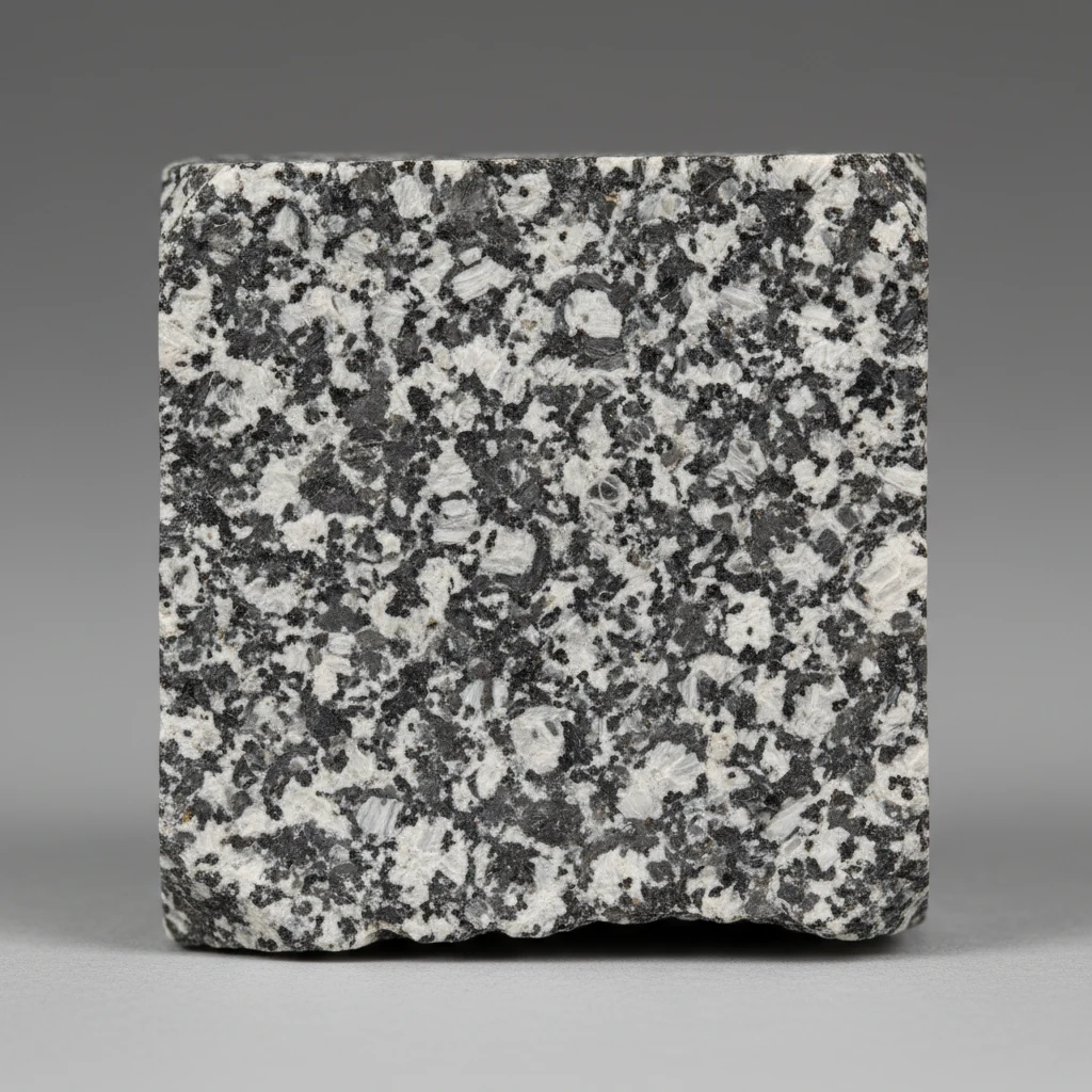 Coarse-grained gray, black, and white speckled diorite rock specimen