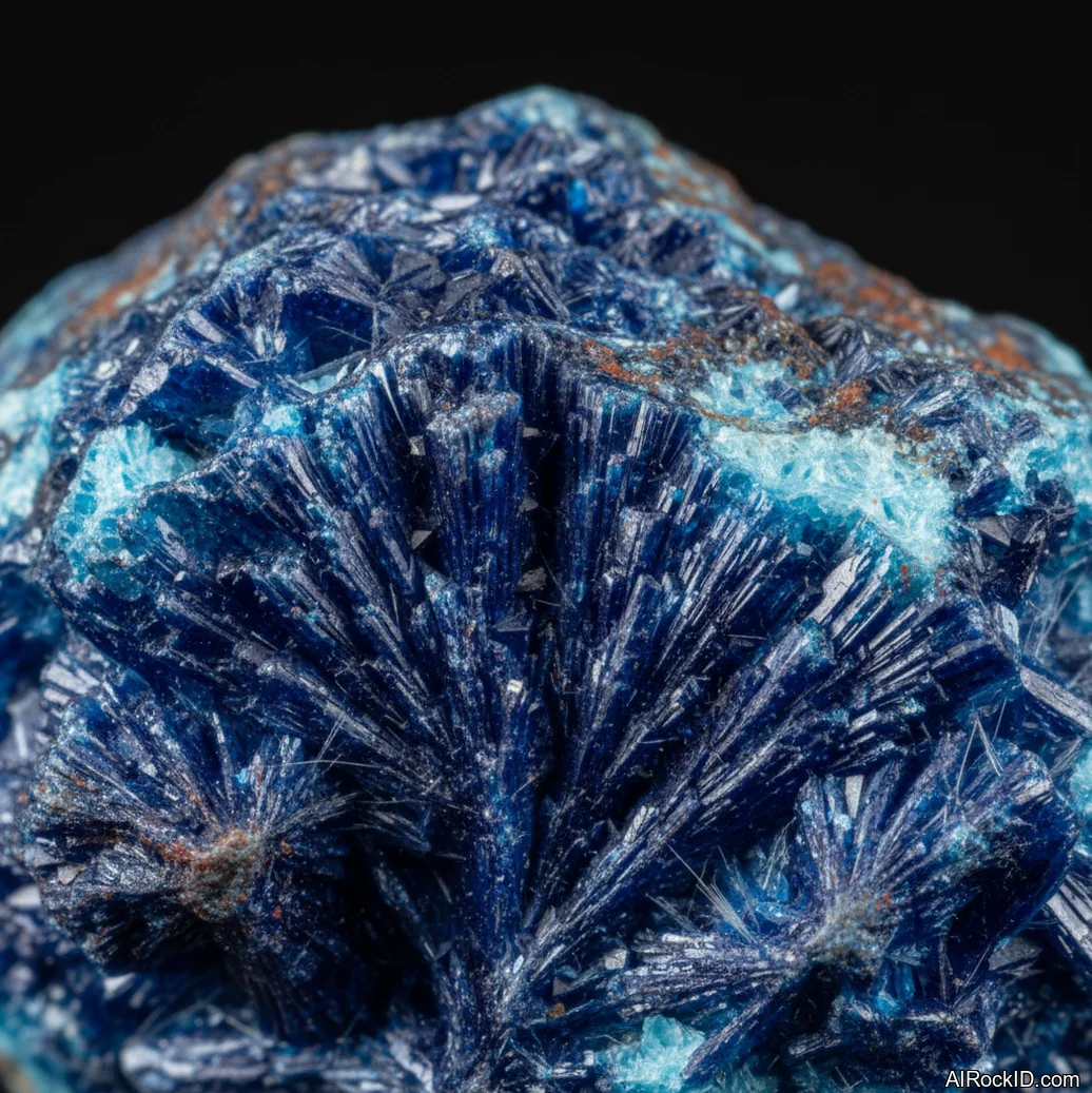 Close-up of deep blue dumortierite fibers and patches in a light gray quartz matrix with a silky-to-vitreous sheen