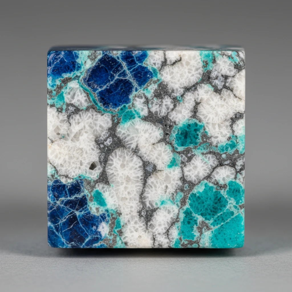 Polished blue dyed howlite stone with dark web-like veining resembling turquoise