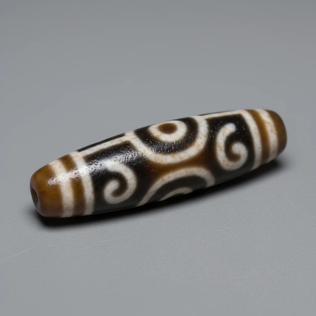 Brown, black, and white patterned Dzi agate bead with polished vitreous to waxy luster