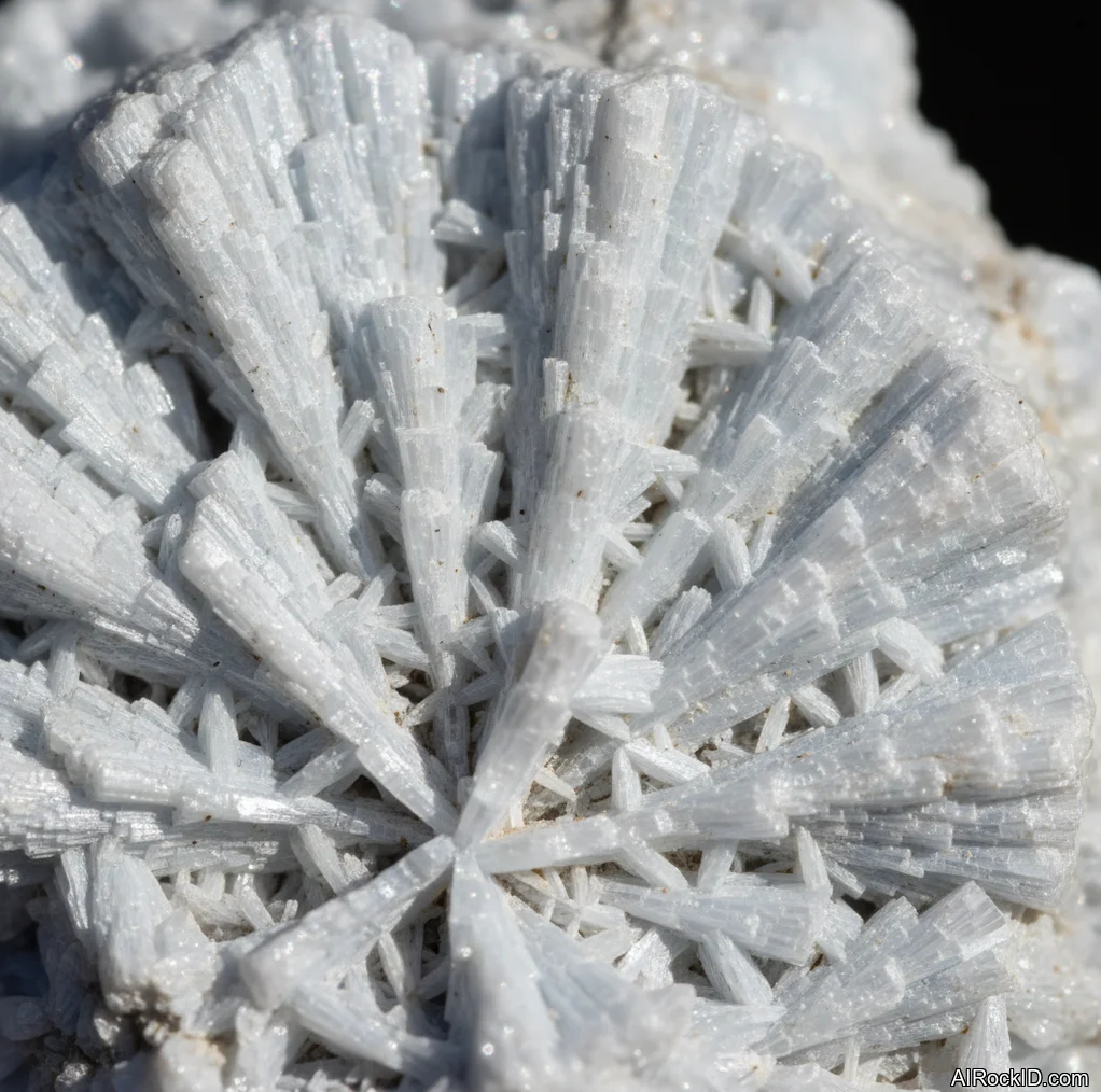 Close-up of colorless to white epididymite crystals on dark matrix with glassy luster