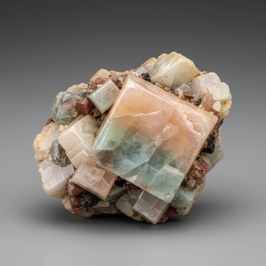 Blocky pale feldspar specimen with pearly cleavage faces and cream, pink, and gray tones