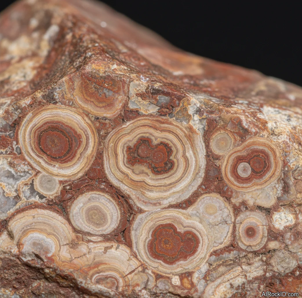 Close-up of polished Flower Jasper with pink and cream flower-like orbicules in gray chalcedony matrix