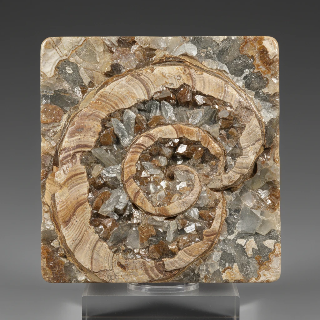 Beige, brown, and gray fossilized clam shell specimen showing bivalve shape and layered shell texture
