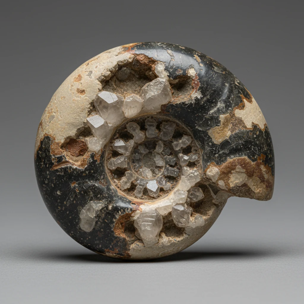 Beige, gray, and black fossilized shell specimen with curved shell form and preserved surface patterns