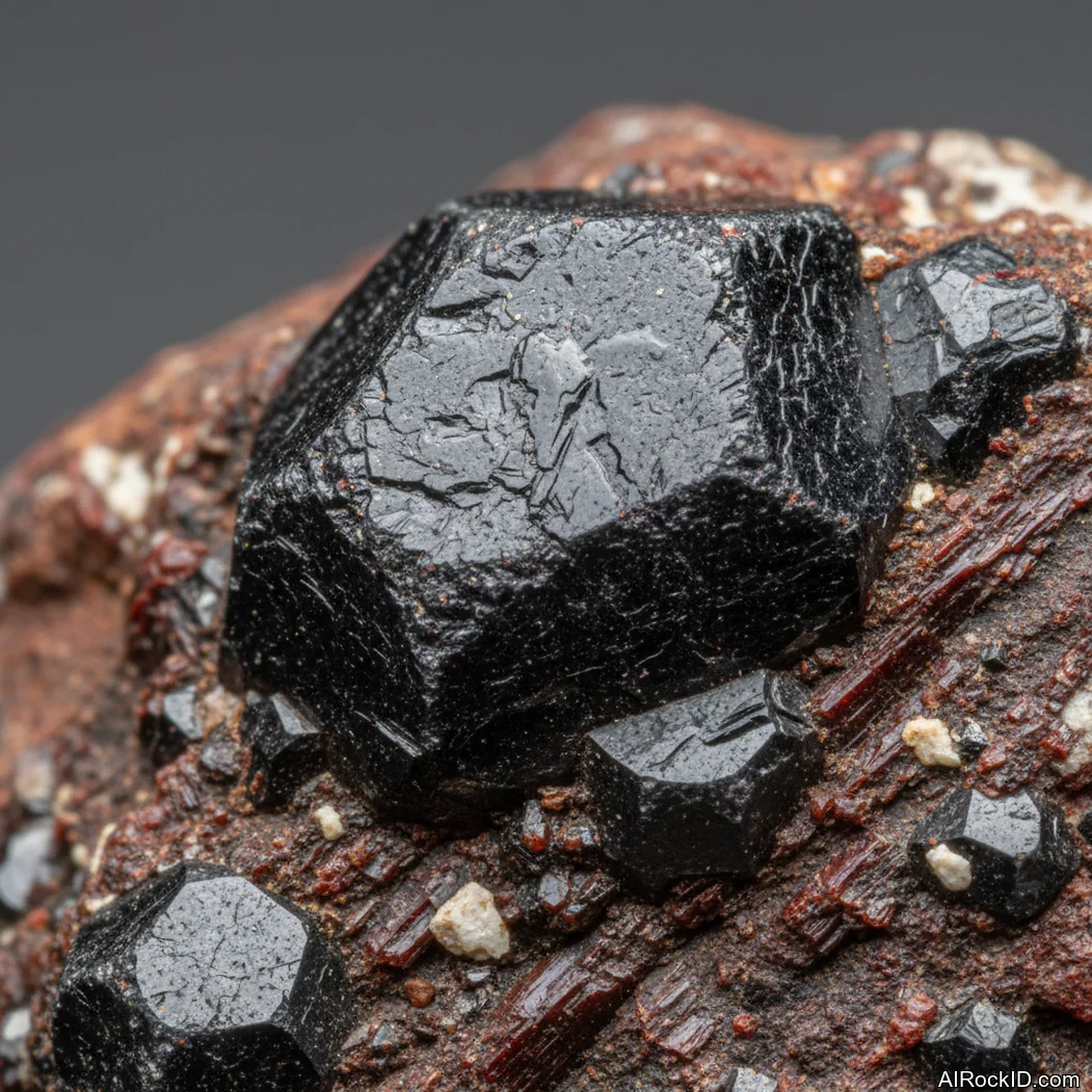 Close-up of metallic black franklinite crystals with granular texture on pale calcite matrix