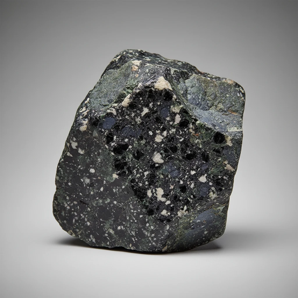 Dark coarse-grained gabbro rock showing black to greenish pyroxene and pale plagioclase crystals