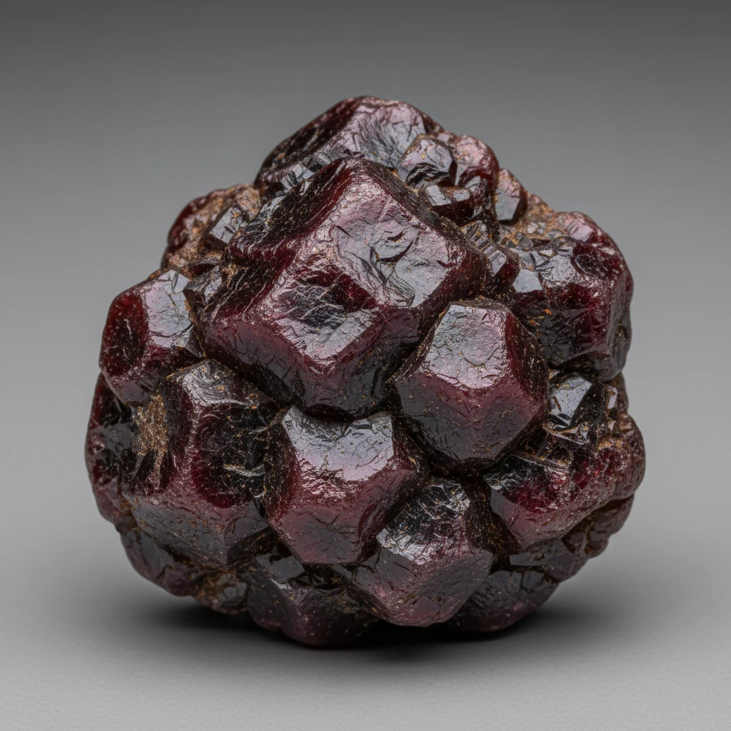 Deep red to nearly black almandine garnet crystals with vitreous luster on metamorphic matrix