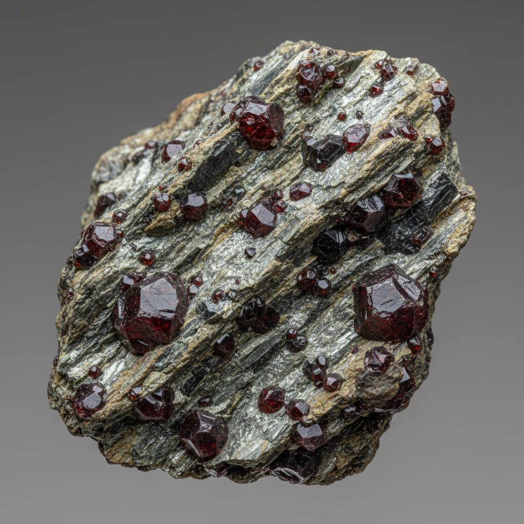Garnet schist hand specimen with red-brown garnet crystals in a shiny gray mica-rich foliated matrix