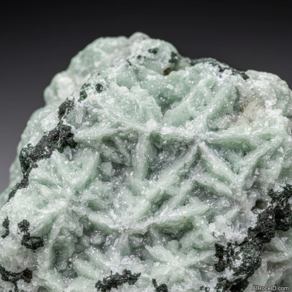 Close-up of apple-green to mint-green garnierite with mottled patterns and waxy surface polish