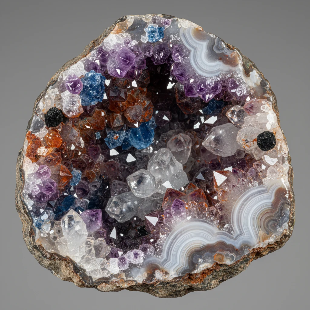 Cut geode showing a dull rough outer rind and sparkling crystal-lined hollow interior