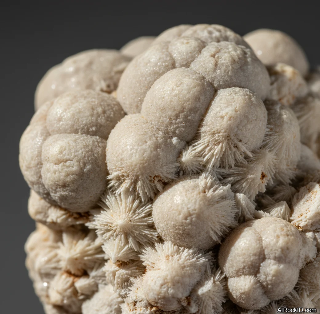 Close-up of porous white-to-tan geyserite (siliceous sinter) with layered, botryoidal texture and tiny vent-like pits