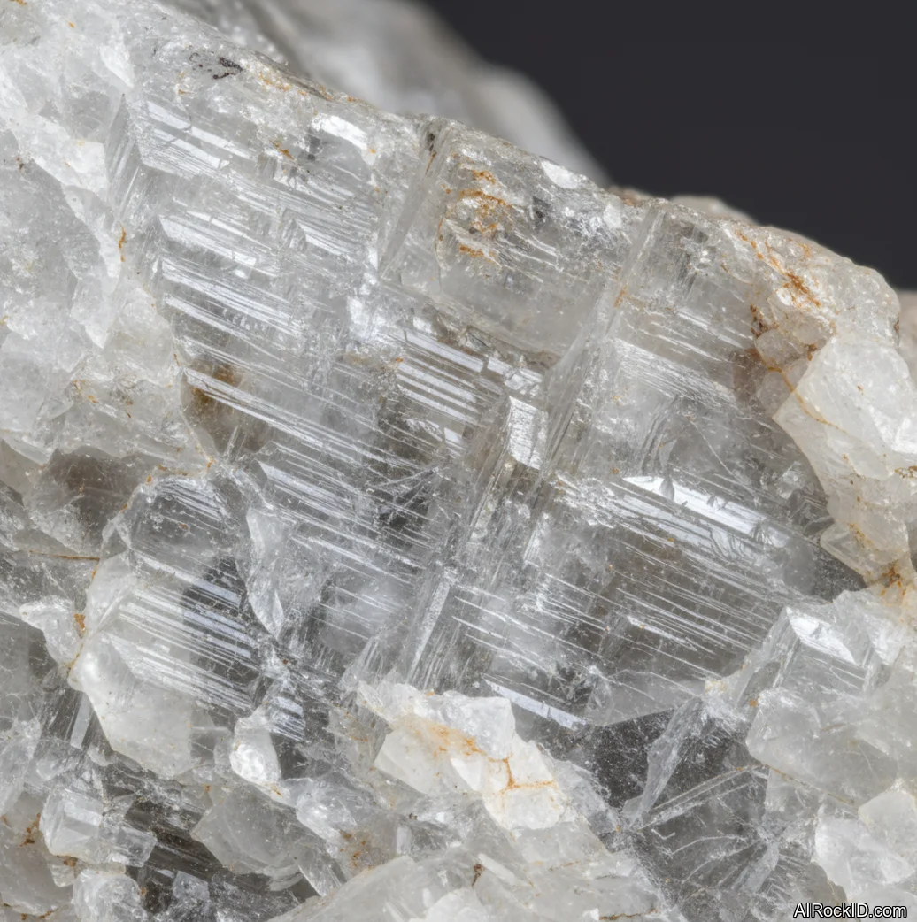 Close-up of translucent glauberite crystal with glassy cleavage faces and pale gray color