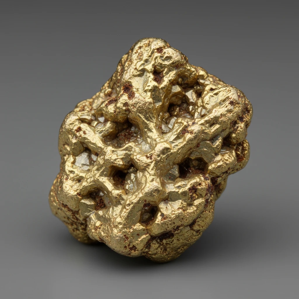 Natural gold nugget with yellow metallic luster on a plain background