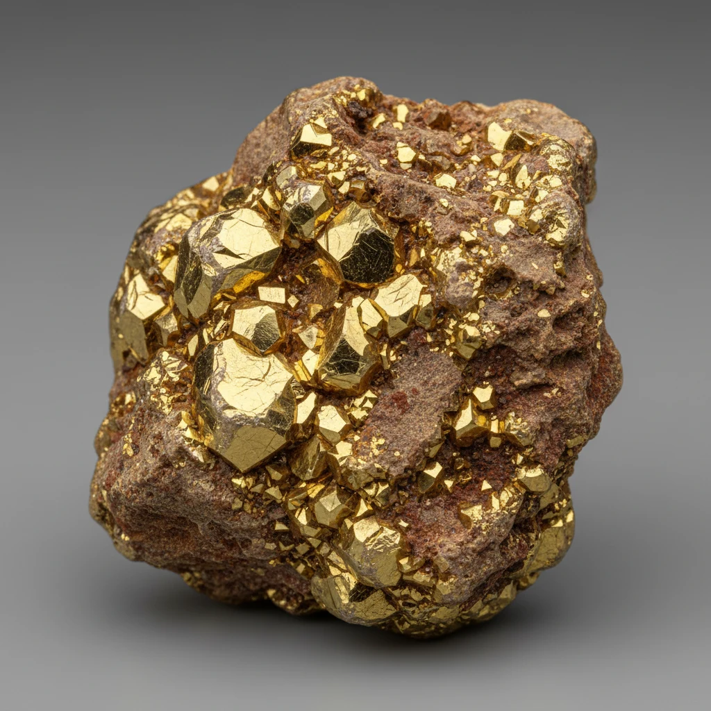 Metallic yellow gold ore specimen with golden patches in host rock