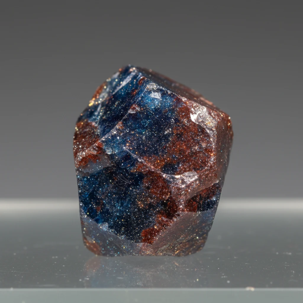 Polished Goldstone showing blue-brown vitreous glass with dense metallic glitter