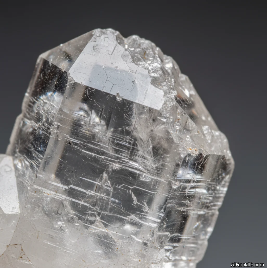 Close-up of a clear goshenite (colorless beryl) crystal with glassy faces and faint internal fractures