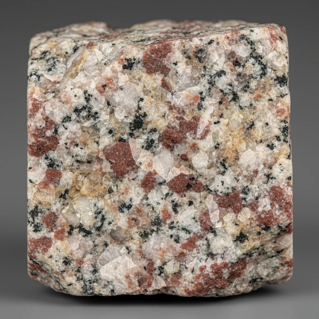 Polished speckled granite showing glassy quartz, pink and white feldspar, and dark mica grains