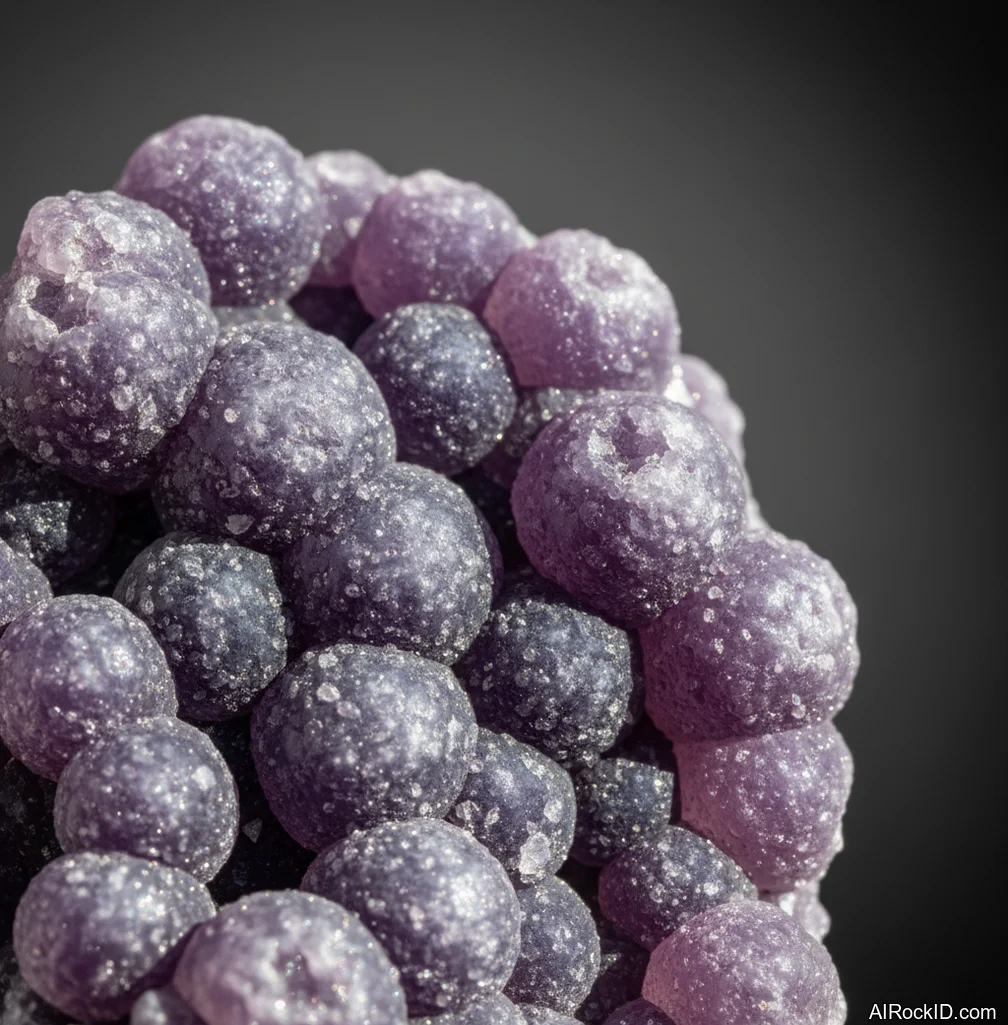 Close-up of purple botryoidal grape agate with grape-like chalcedony spheres and tiny druzy sparkle