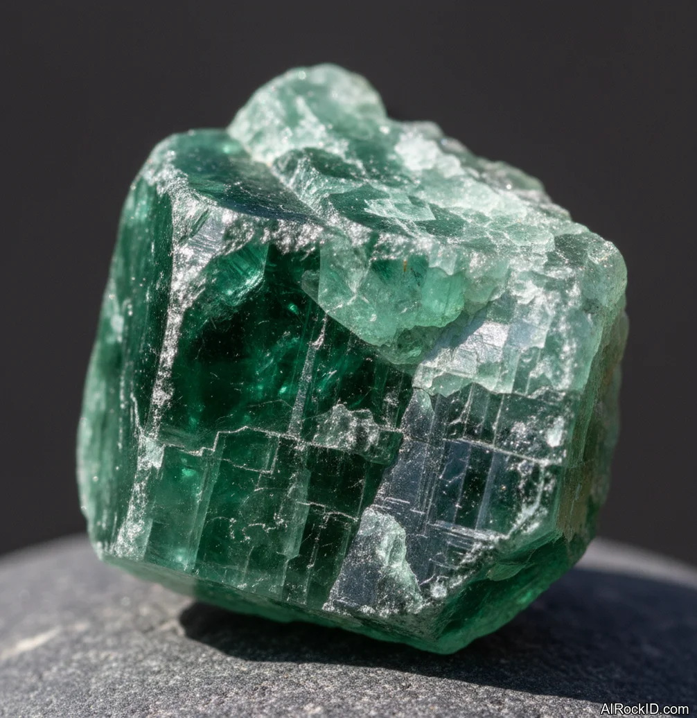 Close-up of a polished green apatite stone showing glassy luster and mottled apple-green to teal color with natural internal inclusions