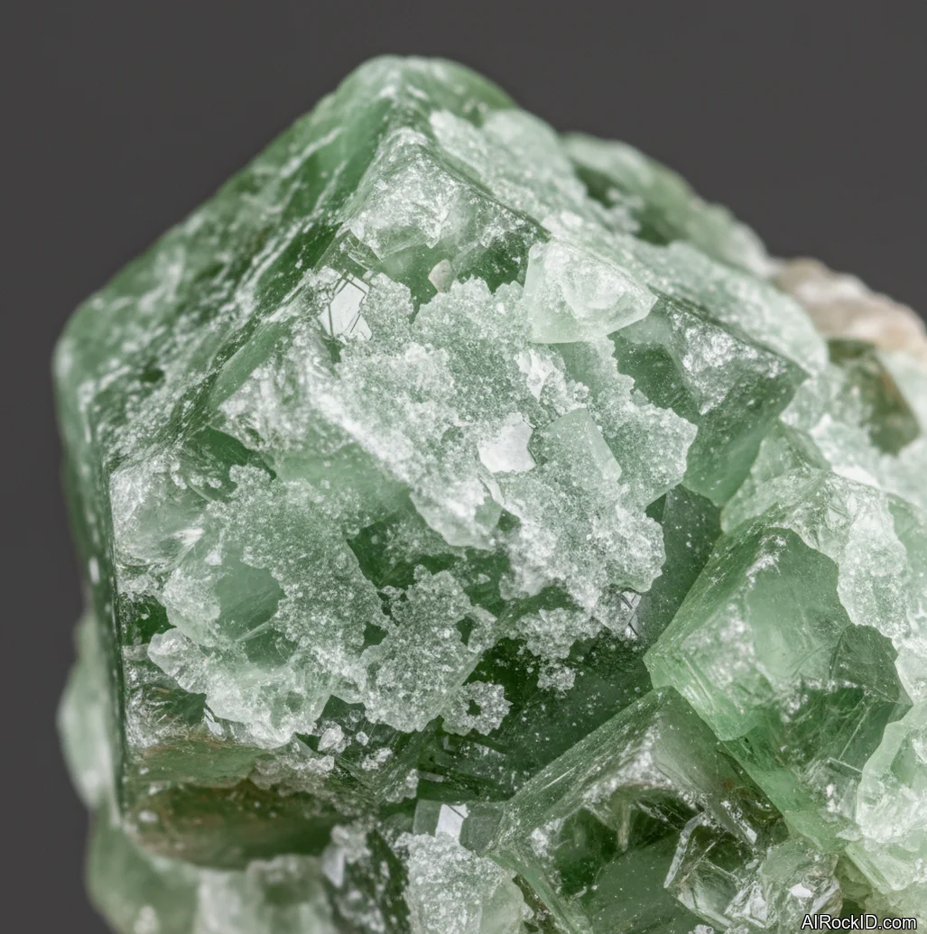Close-up of a pale to medium green calcite piece with glossy cleavage faces and soft internal clouding