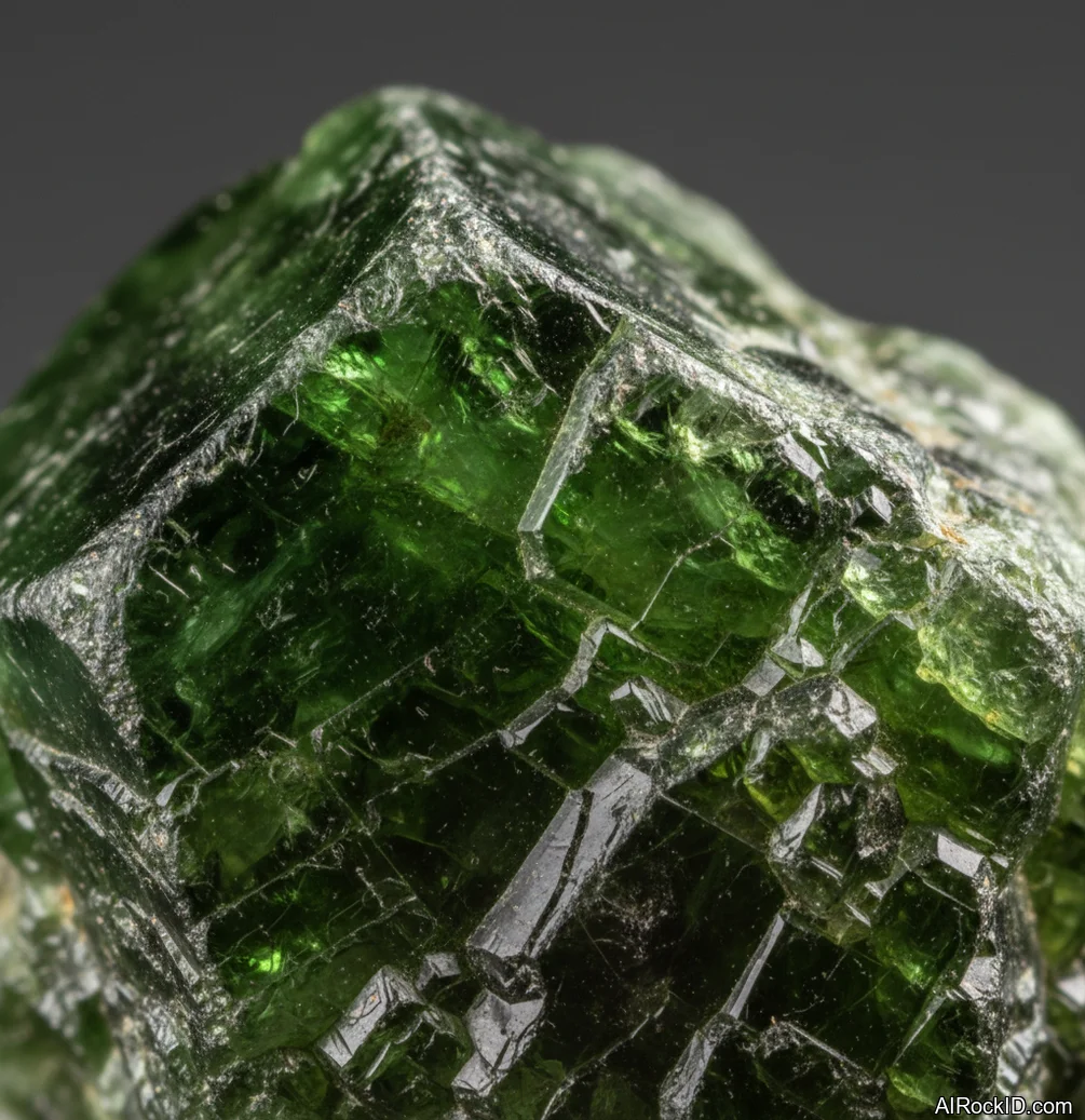 Close-up photo of a faceted green garnet showing bright green color and sharp reflective facets