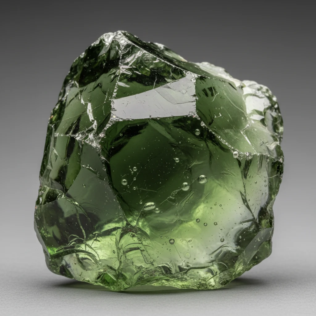 Transparent to translucent green glass specimen with vitreous luster and smooth conchoidal surfaces