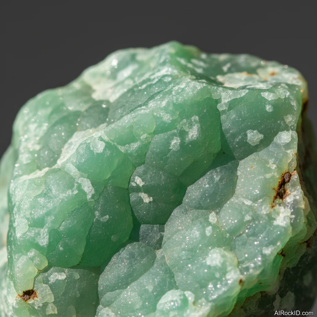 Close-up of polished green opal showing apple-green to mossy-green color with a waxy luster and subtle cloud-like patterns