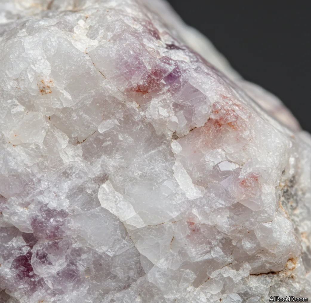 Close-up of pale lavender hackmanite crystal showing granular texture and subtle fluorescence color zoning