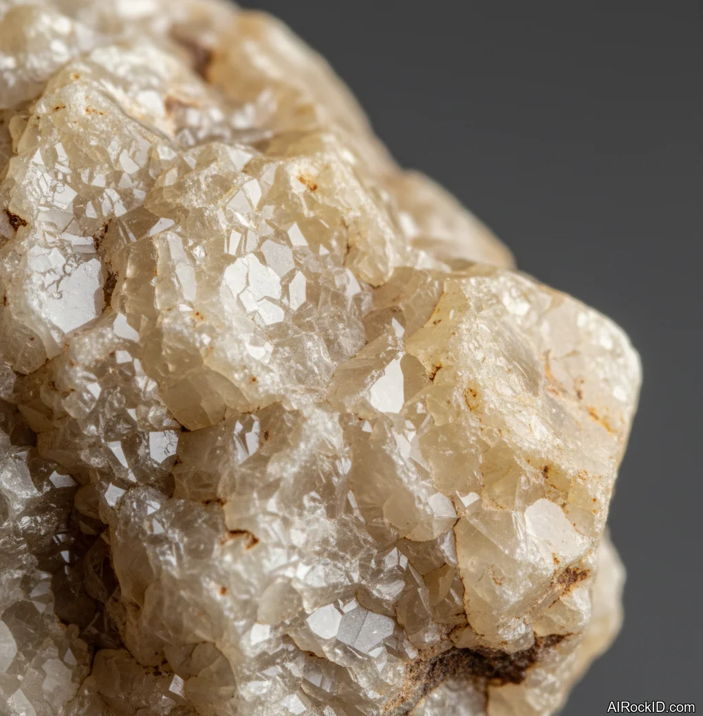 Close-up of a pale gray to colorless hexagonal hanksite crystal with etched faces and salty surface bloom