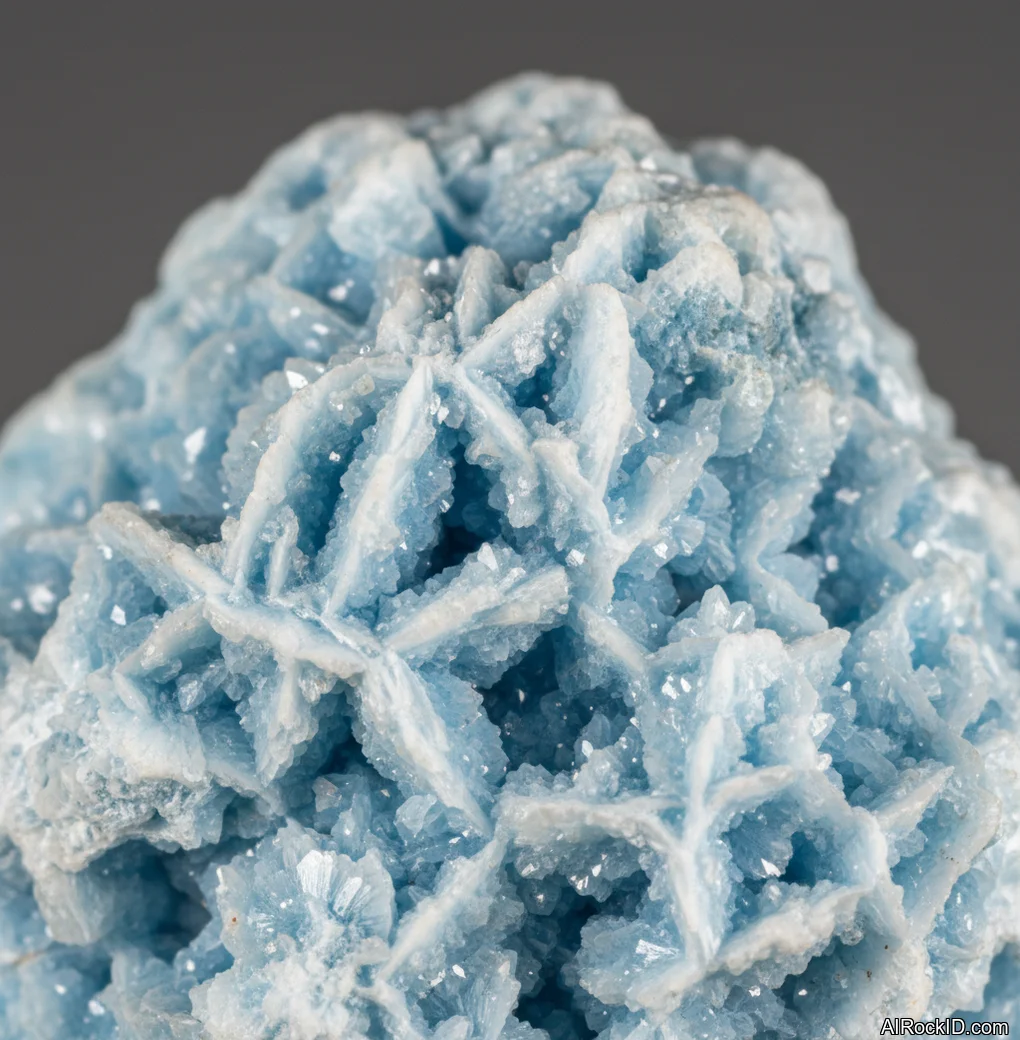 Close-up of pale blue botryoidal hemimorphite with a glossy, drusy surface on white matrix