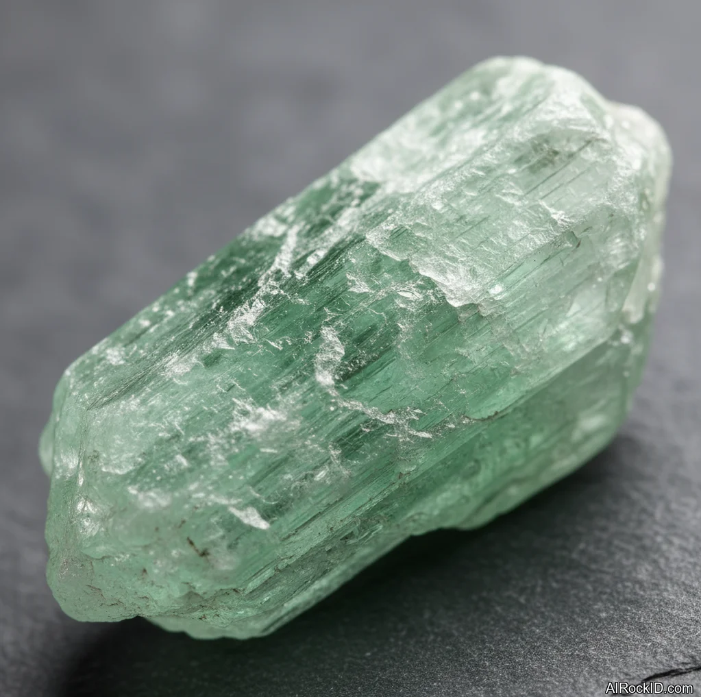 Close-up of a transparent pale green hiddenite crystal showing long prismatic shape and glassy luster
