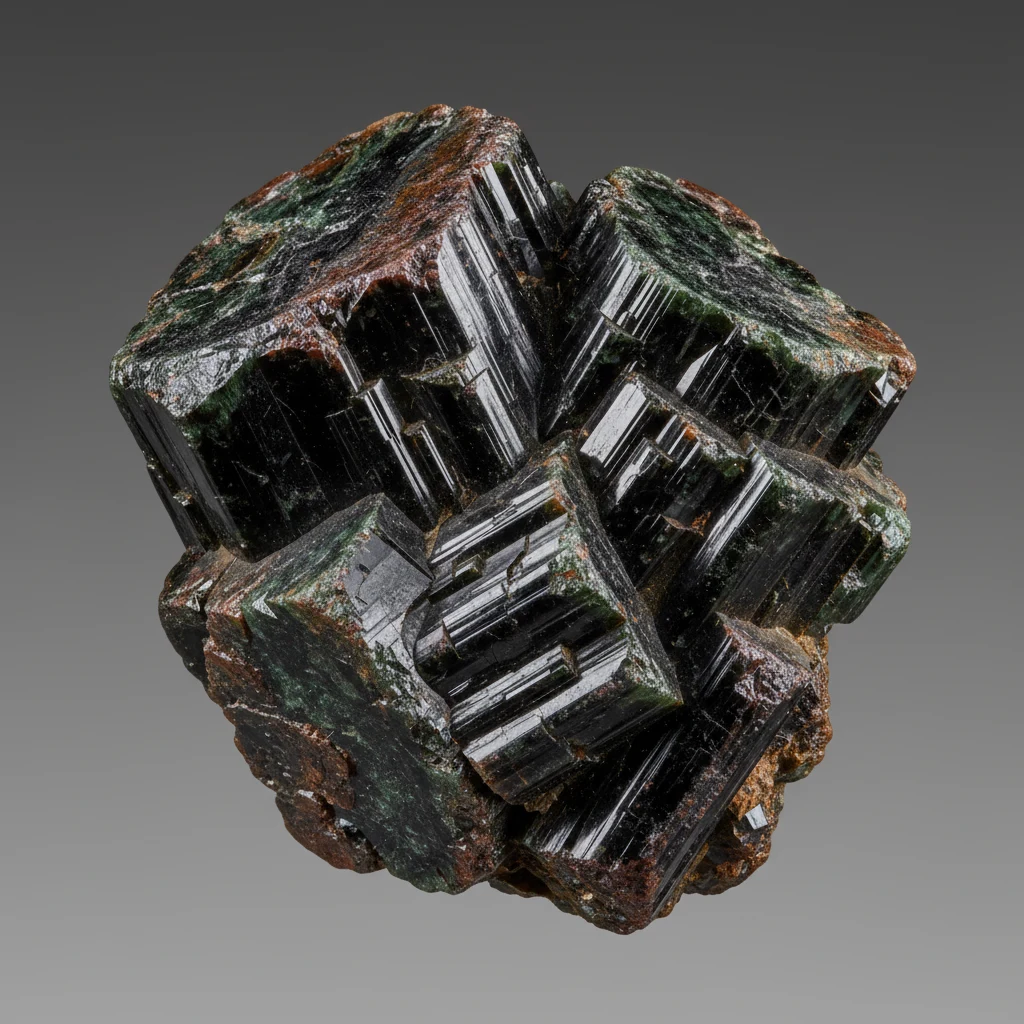 Dark greenish black hornblende crystals with vitreous cleavage faces in rock matrix