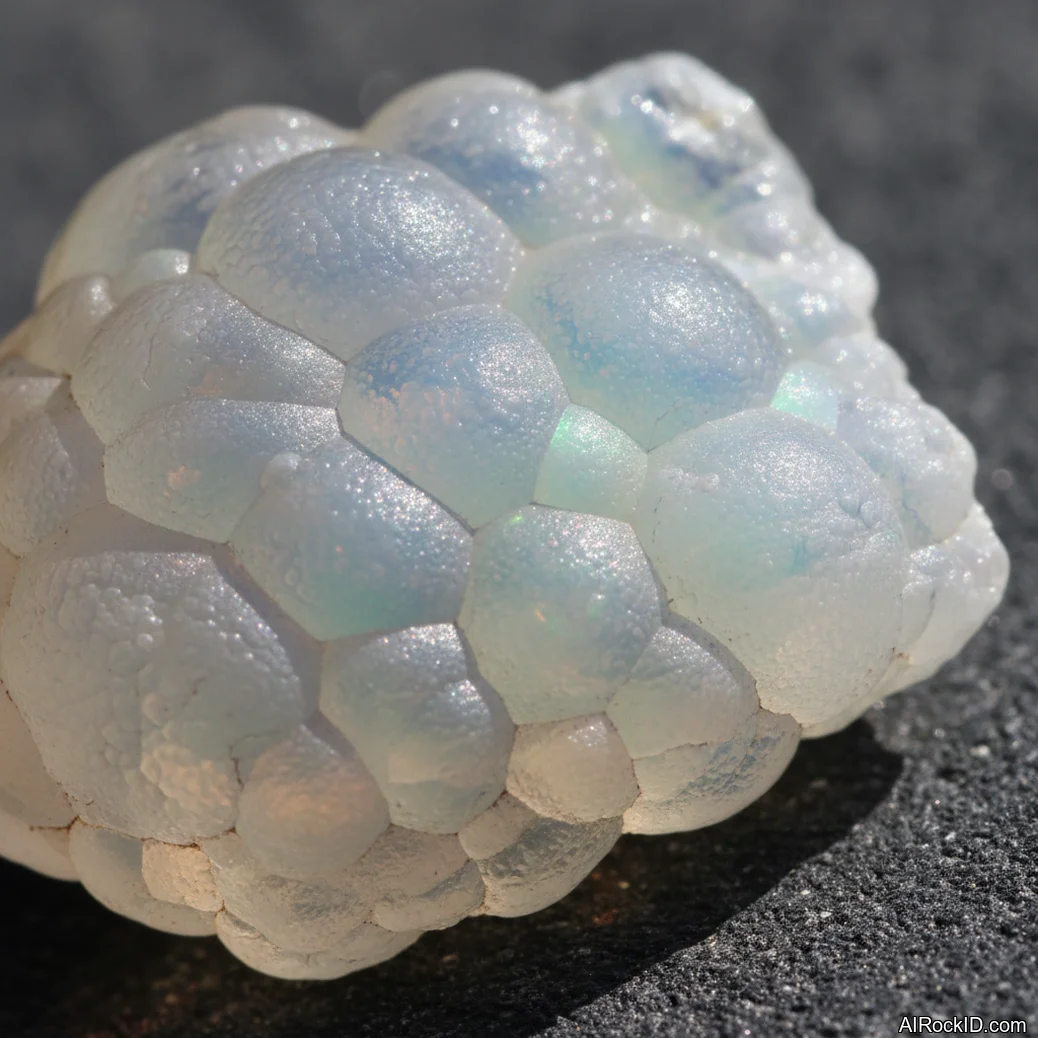 Close-up of clear hyalite opal botryoidal coating on dark volcanic rock, glossy glassy luster with tiny rounded bubbles