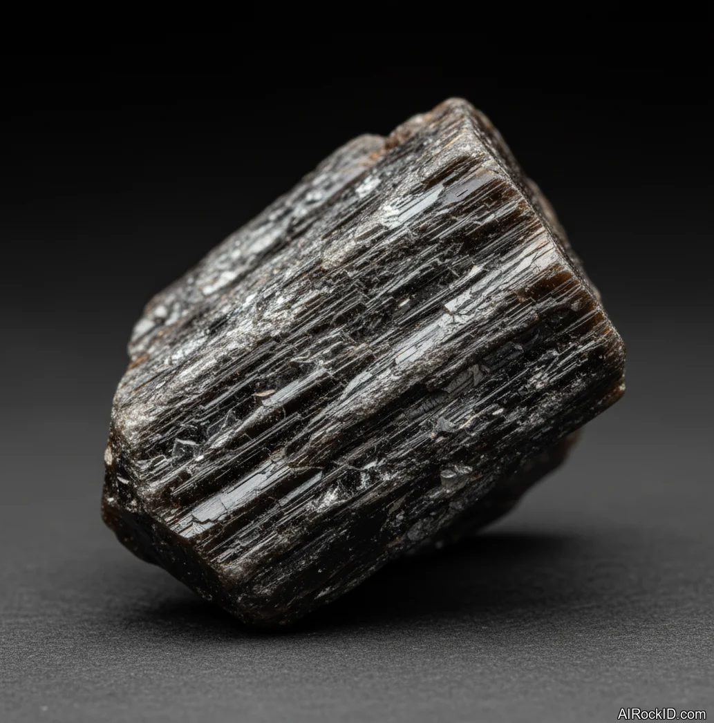 Close-up of polished hypersthene showing bronze-gray body color with silky chatoyant sheen and fine parallel streaks