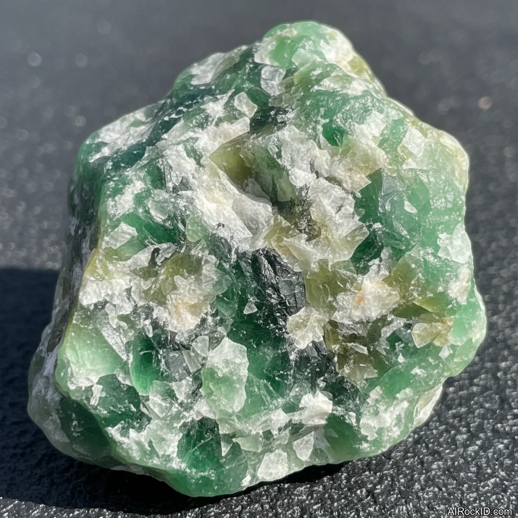 Close-up of polished imperial jadeite jade showing vivid emerald-green color and oily-waxy luster with semi-translucent depth