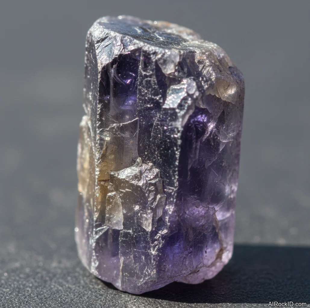 Close-up of a faceted iolite gemstone showing blue-violet color shift and darker inky pleochroic zones