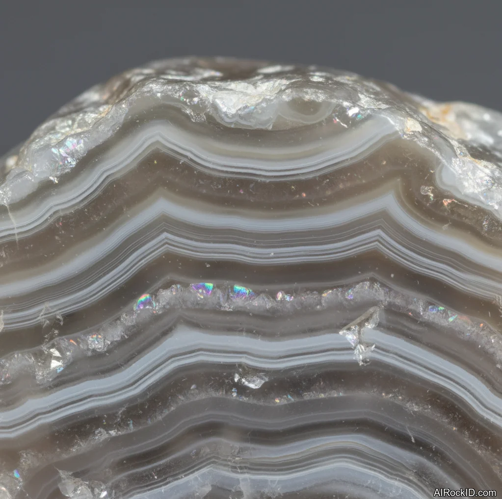 Close-up of a thinly sliced iris agate held to light, showing tight banding with a rainbow diffraction flash