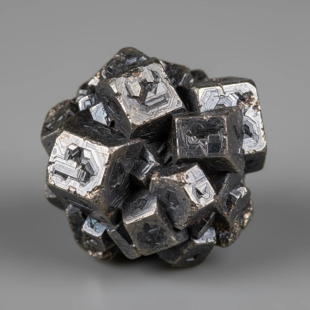 Metallic gray iron meteorite specimen with dark fusion surface and silver cut face