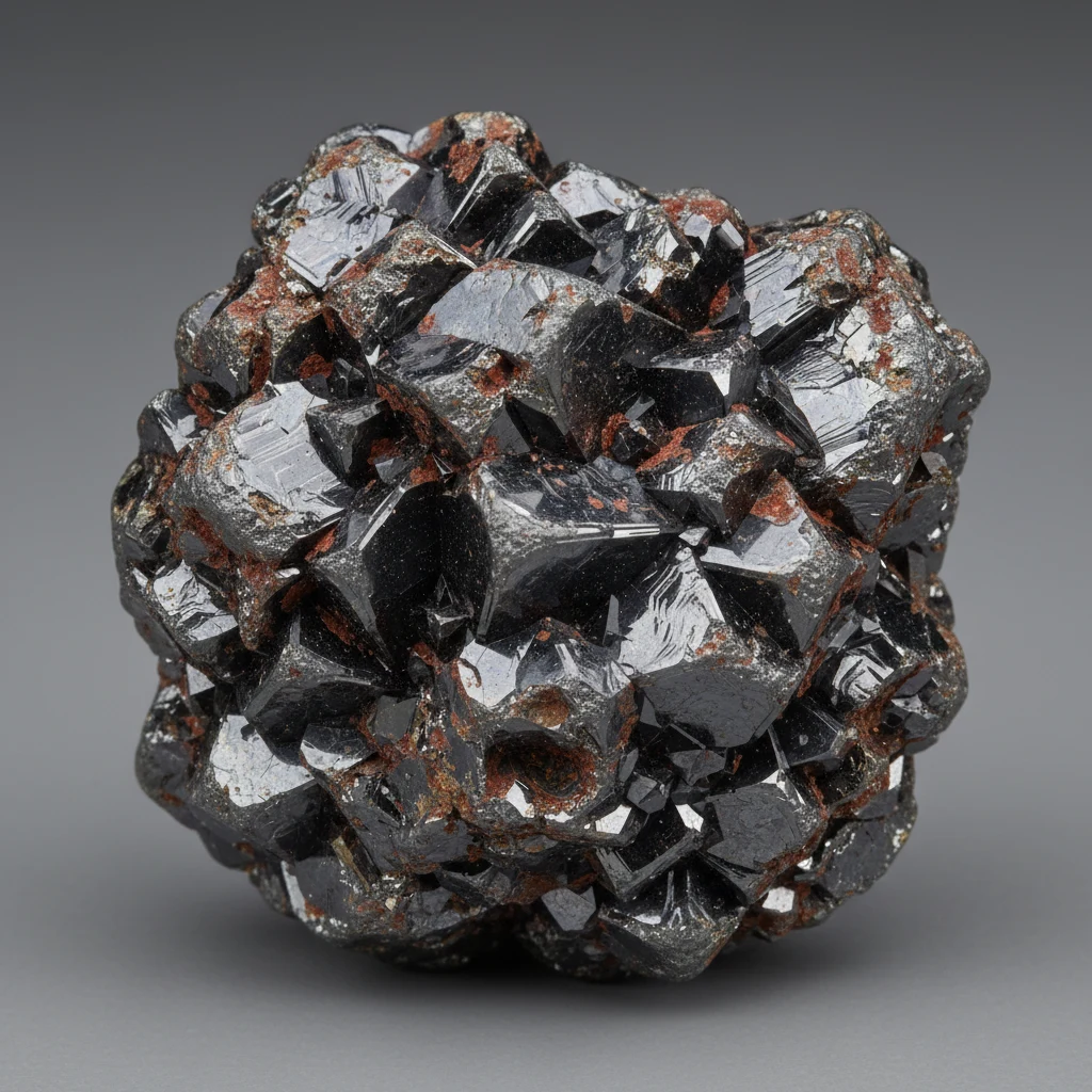 Dark gray, black, and reddish brown iron ore specimen with metallic luster and opaque surface