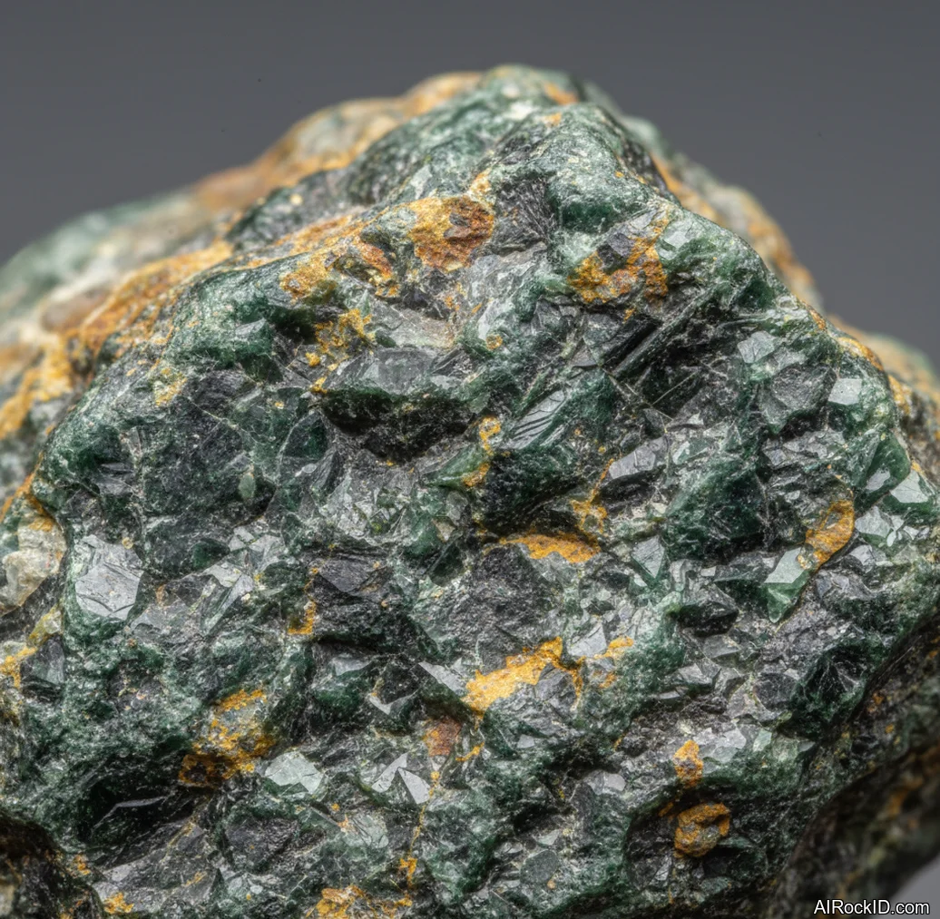 Close-up of Isua rock showing dark magnetite-rich bands, lighter quartz-carbonate layers, and greenish amphibole streaks