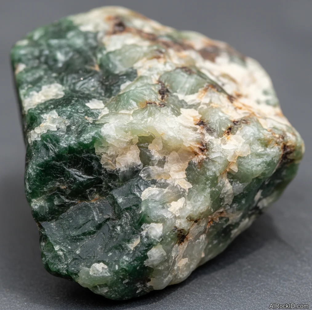 Close-up of polished green jade showing waxy luster and subtle cloudy mottling