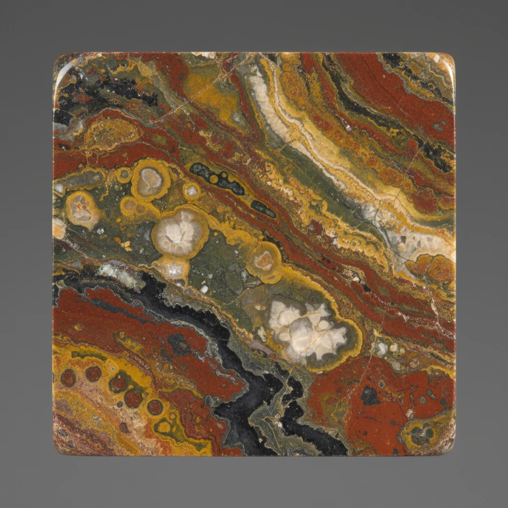 Polished multicolored jasper stones showing opaque red, brown, cream, gray, and green patterns