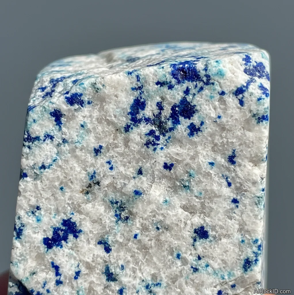 Close-up of K2 granite with round sky-blue azurite spots on a white to gray speckled granite background