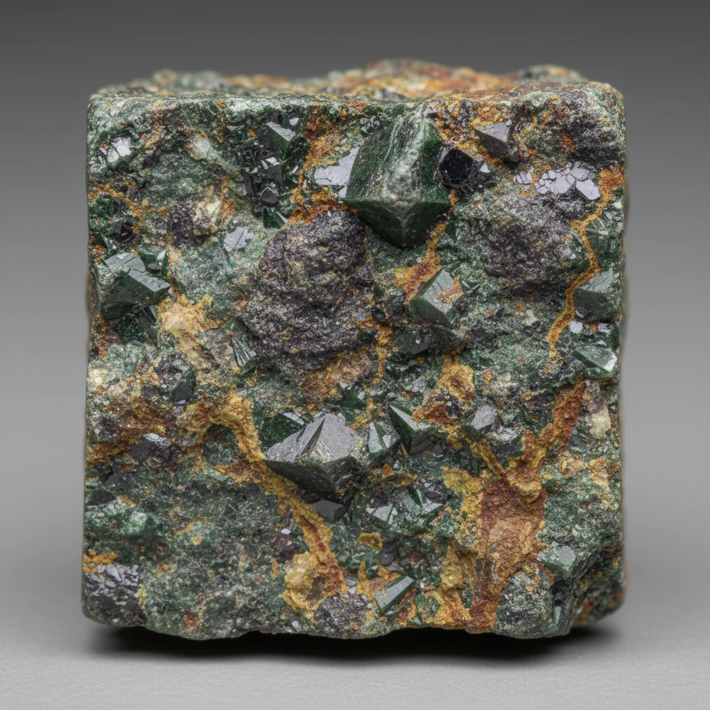 Dark greenish gray kimberlite rock specimen with dull earthy surfaces and altered ultramafic texture