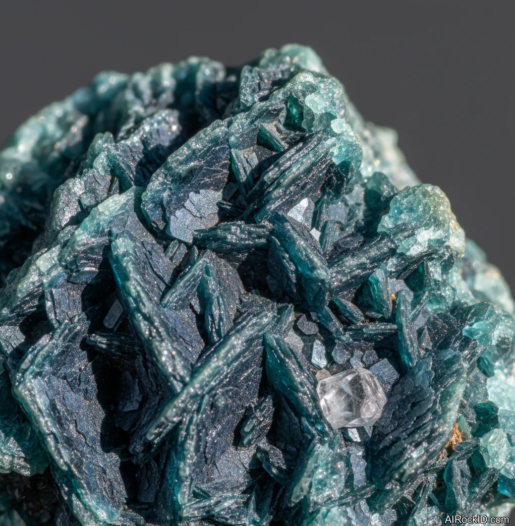 Close-up of bright blue kinoite crust with fibrous texture on light gray matrix