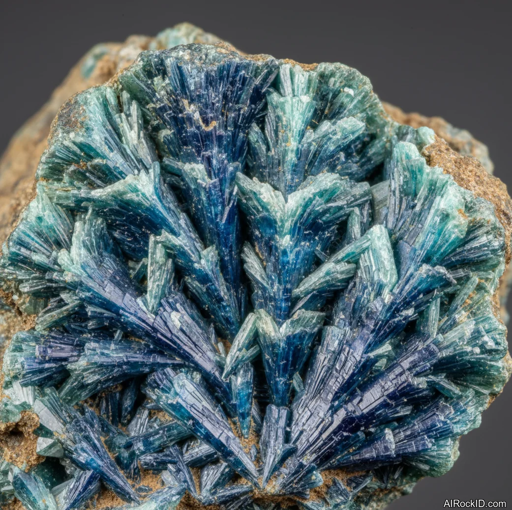 Macro photo of pale blue-green kobyashevite crystals as a crust on host rock with a soft silky-matte luster