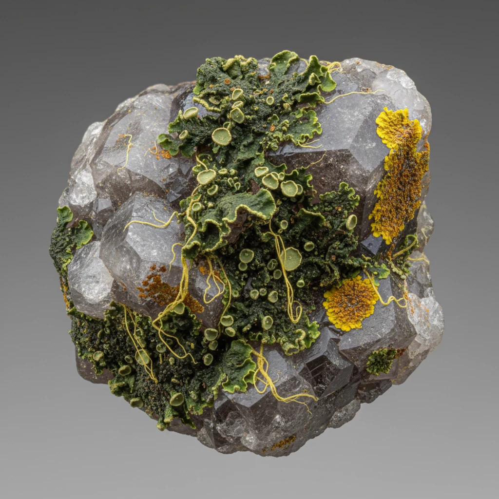 Green, gray, and yellow lichen with a crusty leafy texture growing across a natural surface