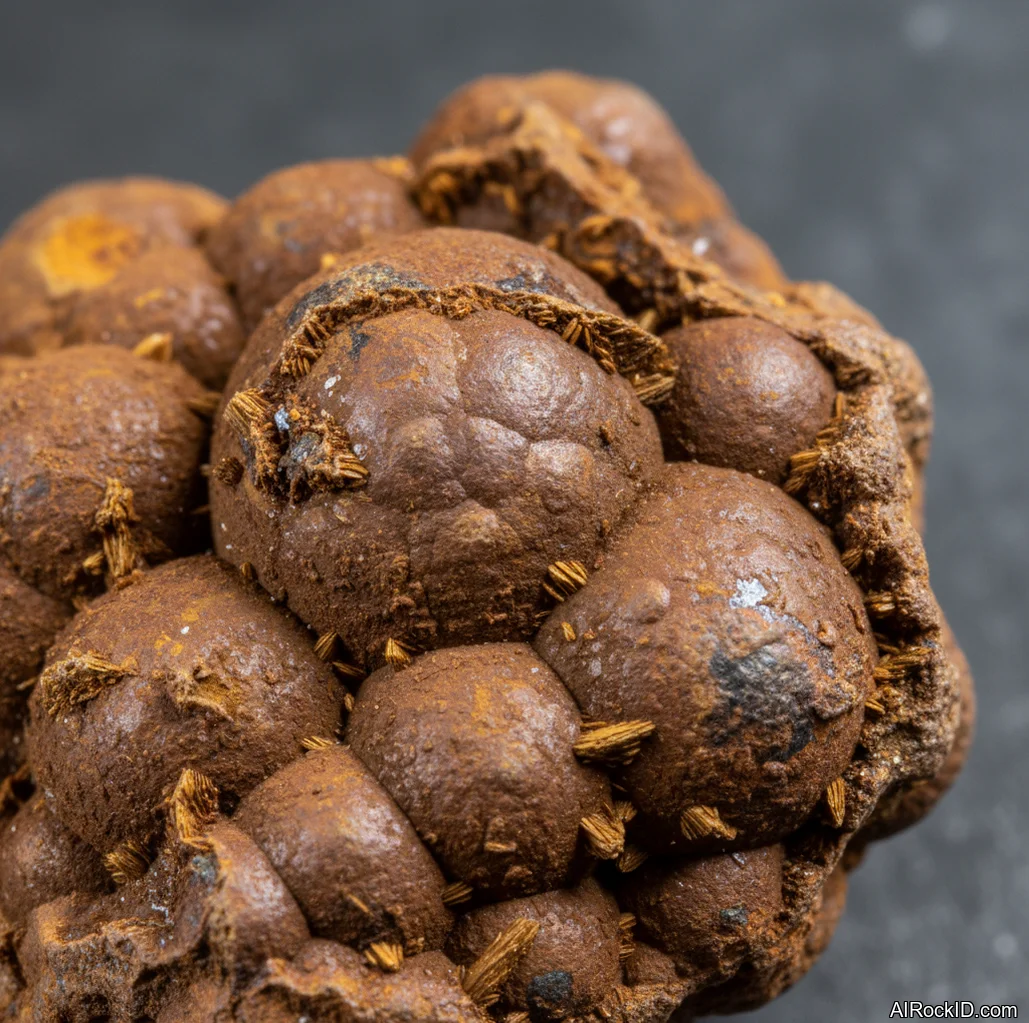 Close-up of botryoidal limonite with rusty brown to yellow-brown surface and earthy texture